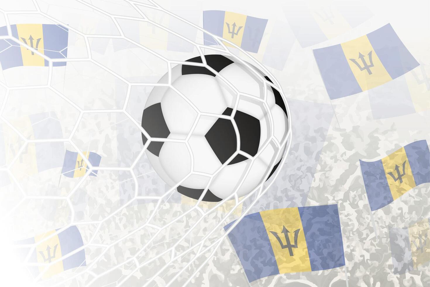 National Football team of Barbados scored goal. Ball in goal net, while football supporters are waving the Barbados flag in the background. vector