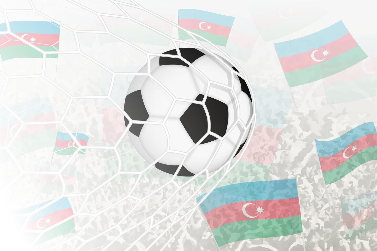 National Football team of Azerbaijan scored goal. Ball in goal net, while football supporters are waving the Azerbaijan flag in the background. vector