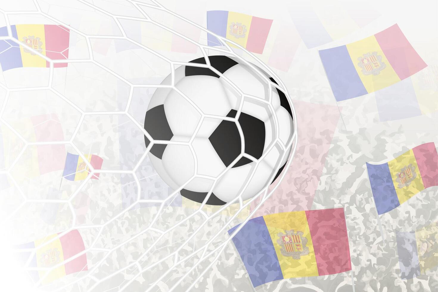 National Football team of Andorra scored goal. Ball in goal net, while football supporters are waving the Andorra flag in the background. vector