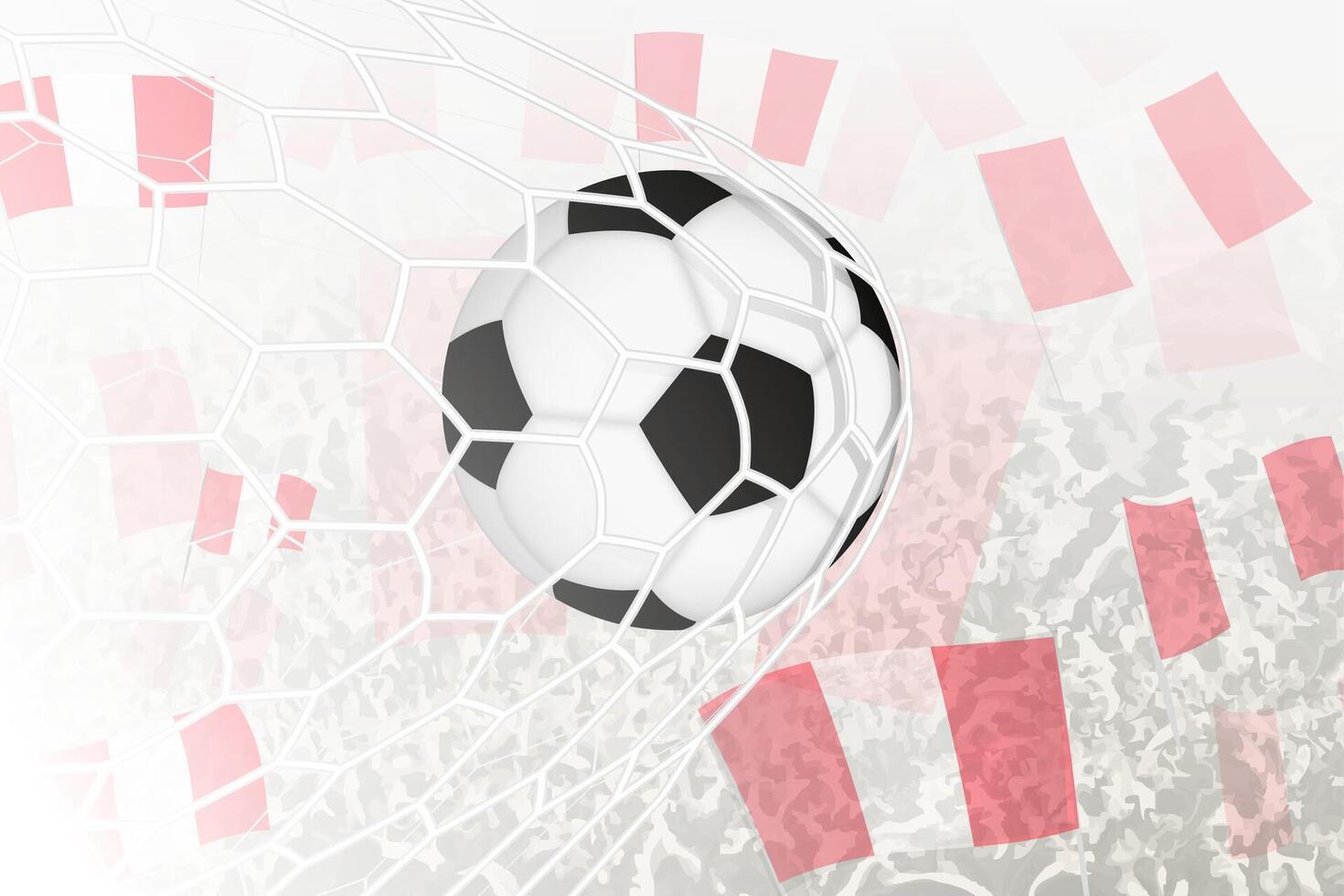 National Football team of Peru scored goal. Ball in goal net, while football supporters are waving the Peru flag in the background. vector