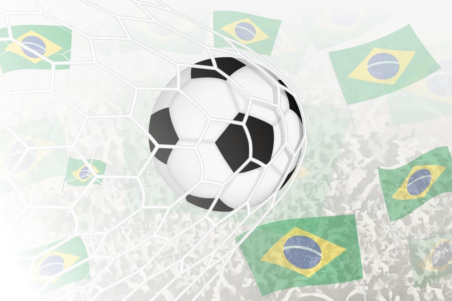 National Football team of Brazil scored goal. Ball in goal net, while football supporters are waving the Brazil flag in the background. vector
