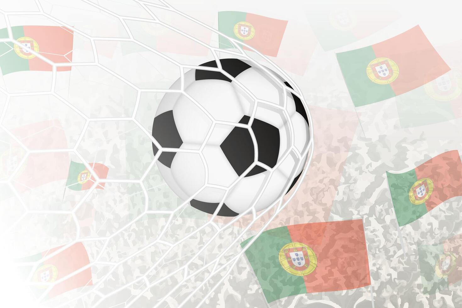 National Football team of Portugal scored goal. Ball in goal net, while football supporters are waving the Portugal flag in the background. vector