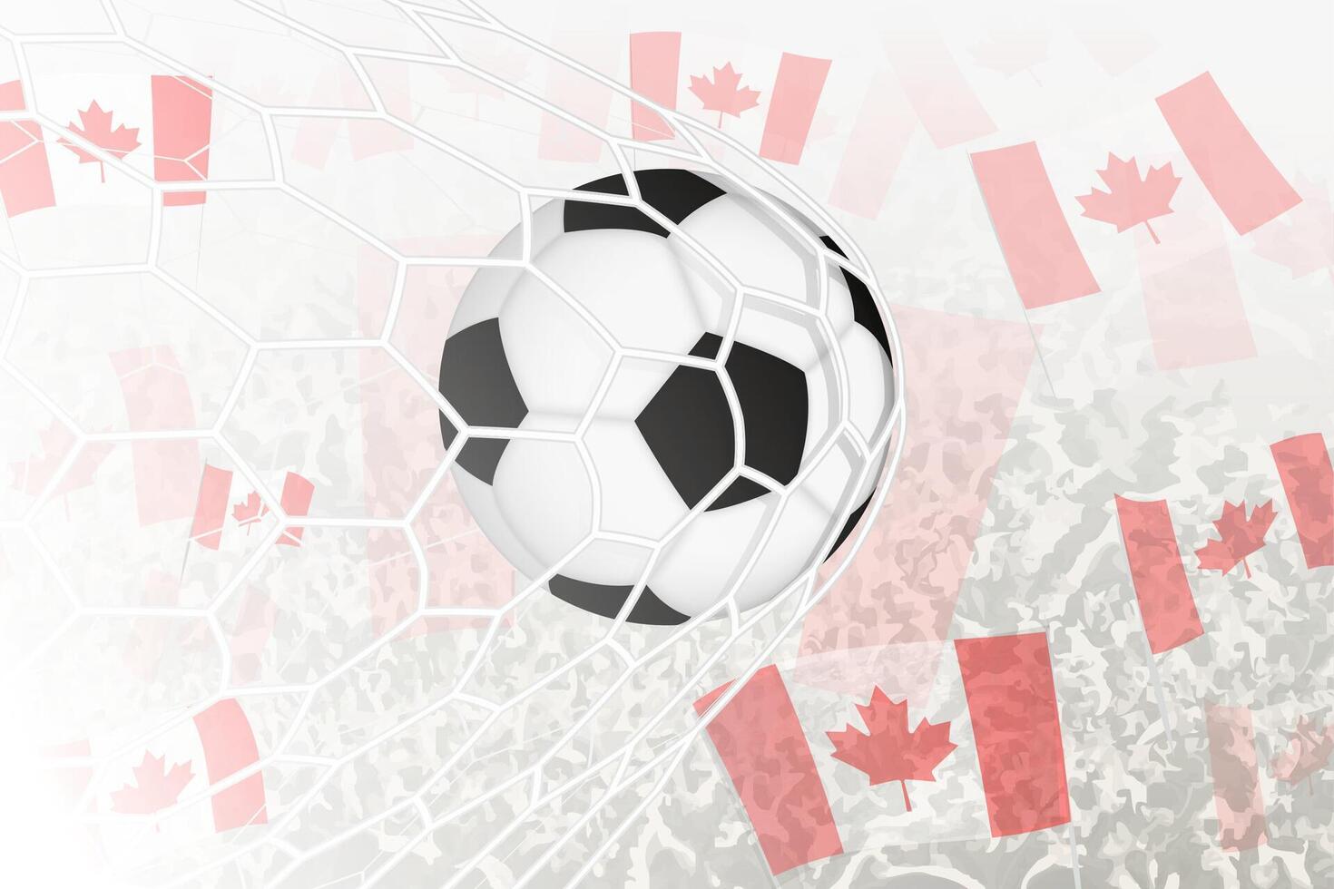 National Football team of Canada scored goal. Ball in goal net, while football supporters are waving the Canada flag in the background. vector