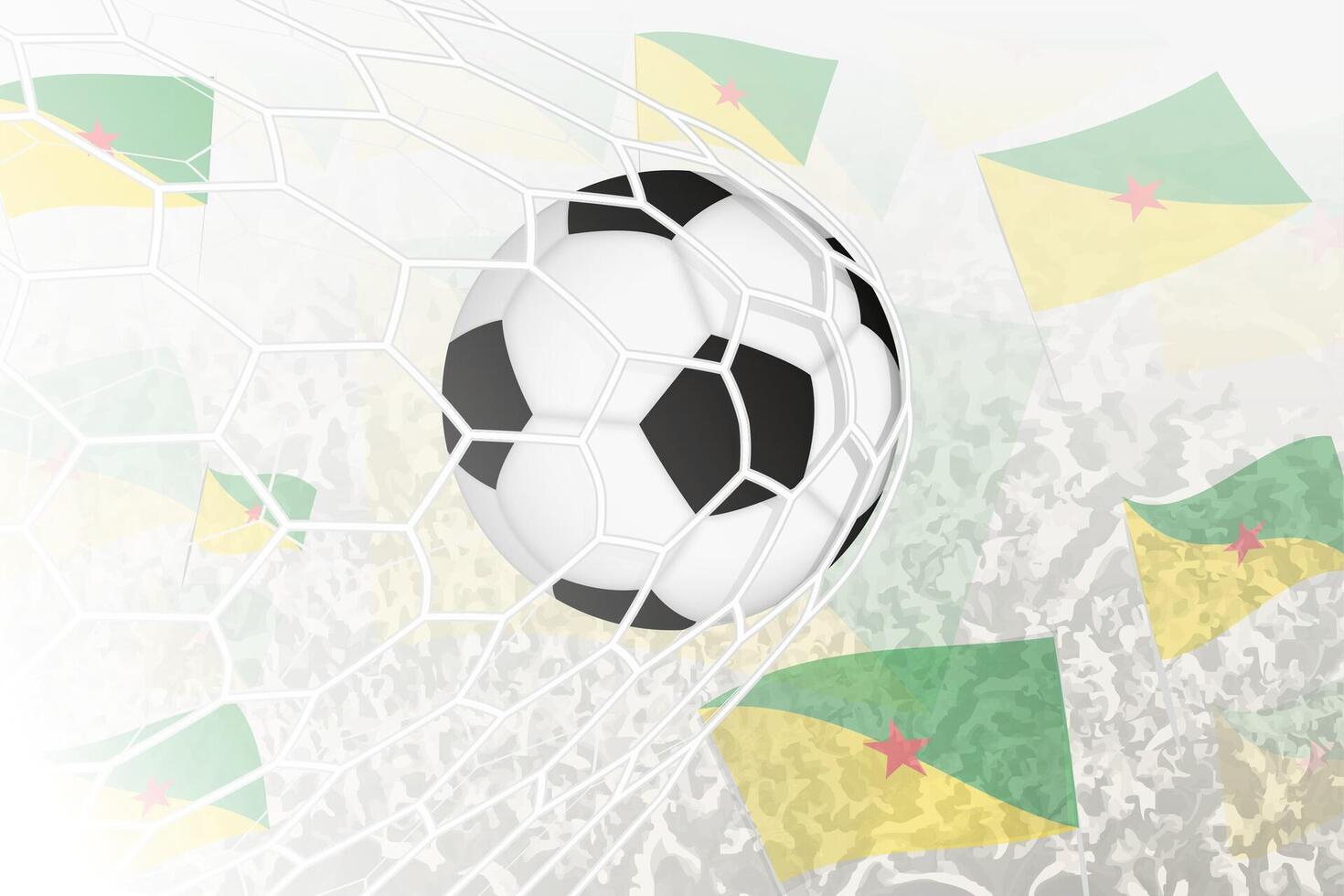 National Football team of French Guiana scored goal. Ball in goal net, while football supporters are waving the French Guiana flag in the background. vector
