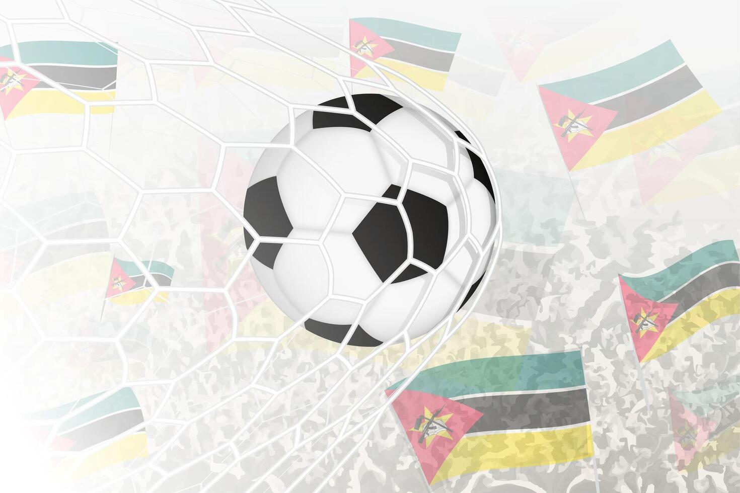 National Football team of Mozambique scored goal. Ball in goal net, while football supporters are waving the Mozambique flag in the background. vector