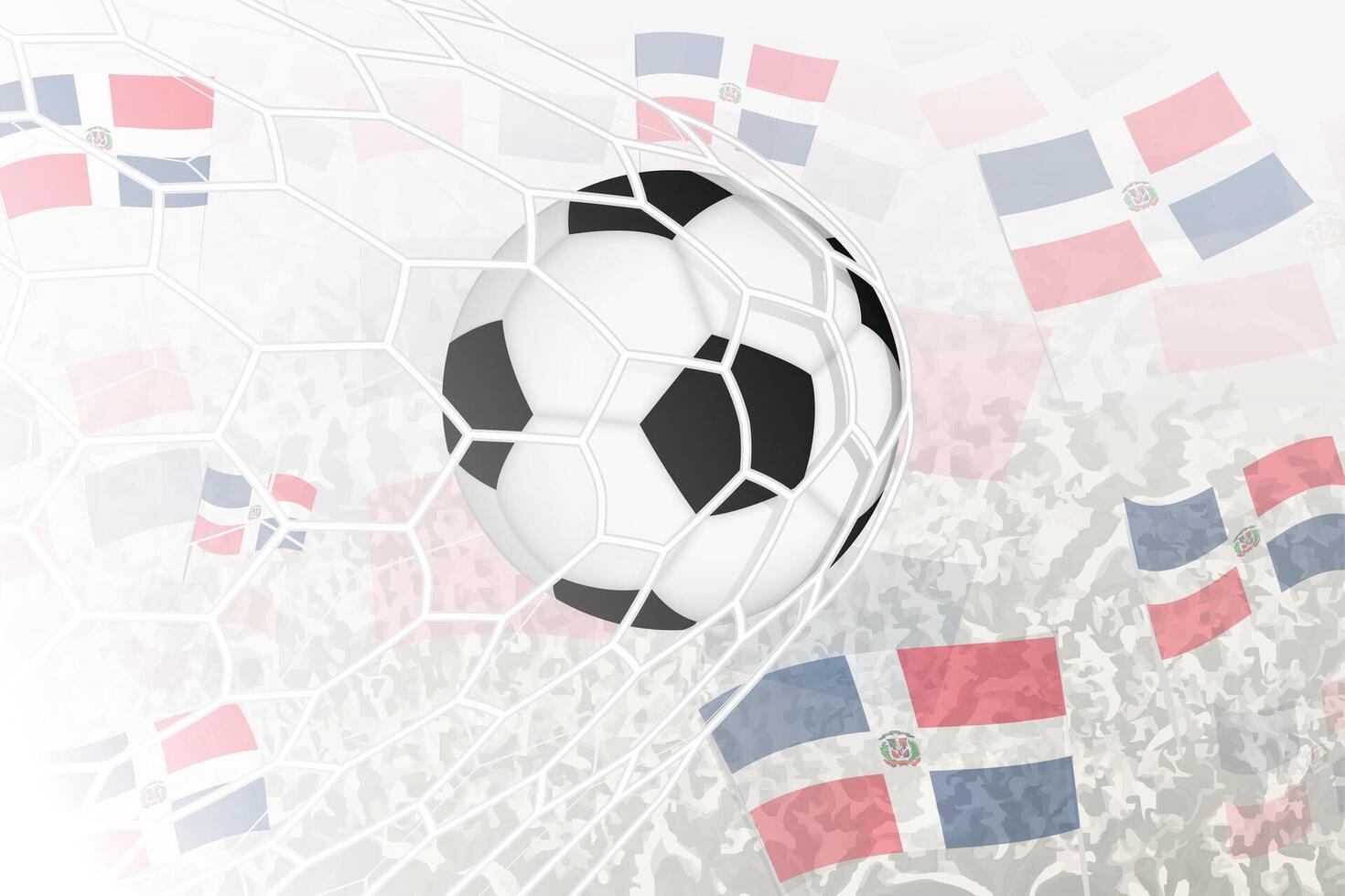 National Football team of Dominican Republic scored goal. Ball in goal net, while football supporters are waving the Dominican Republic flag in the background. vector