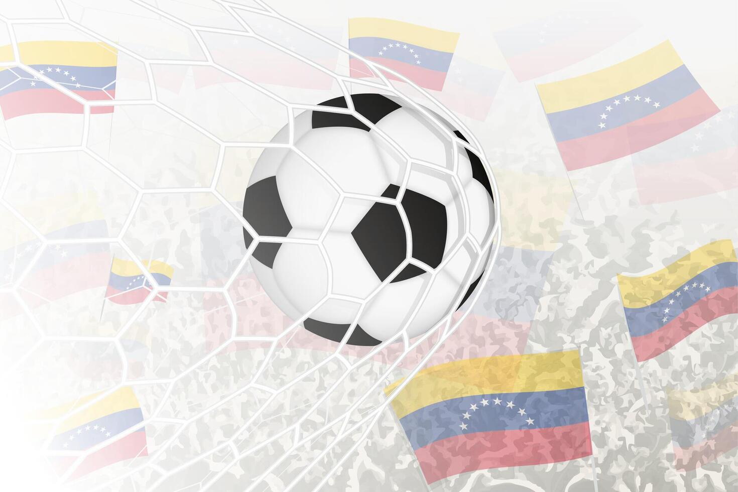 nacional fútbol americano equipo de Venezuela anotado meta. pelota en objetivo neto, mientras fútbol americano partidarios son ondulación el Venezuela bandera en el antecedentes. vector