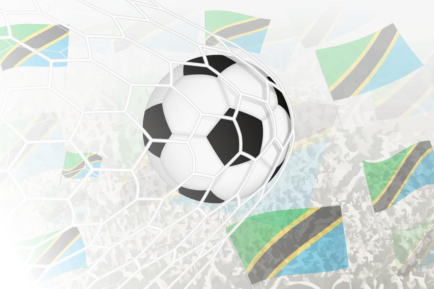 National Football team of Tanzania scored goal. Ball in goal net, while football supporters are waving the Tanzania flag in the background. vector