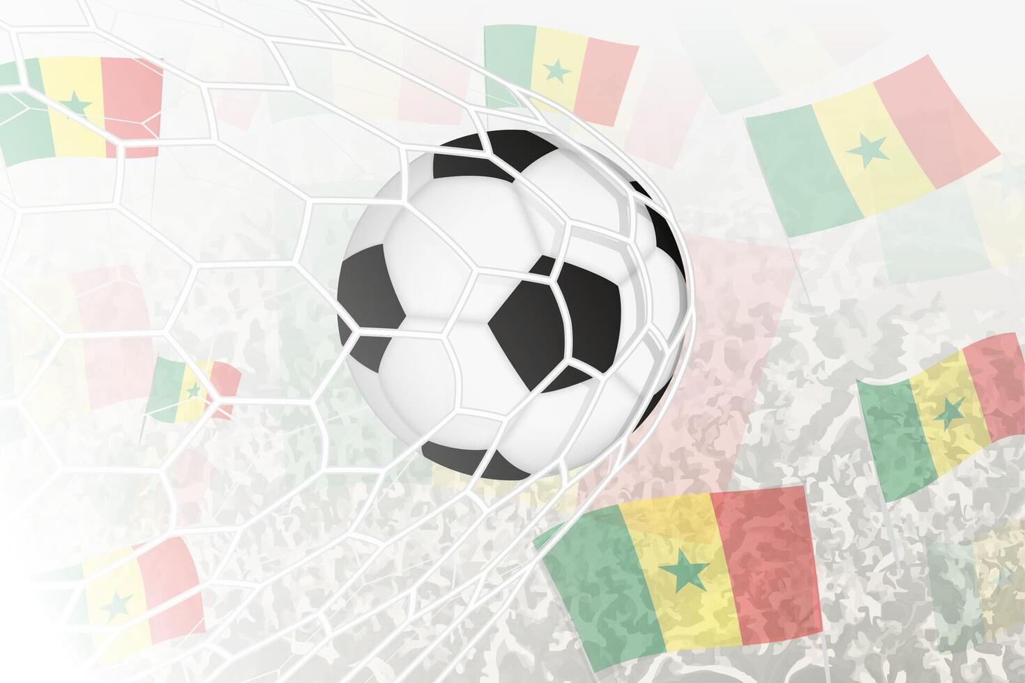 National Football team of Senegal scored goal. Ball in goal net, while football supporters are waving the Senegal flag in the background. vector