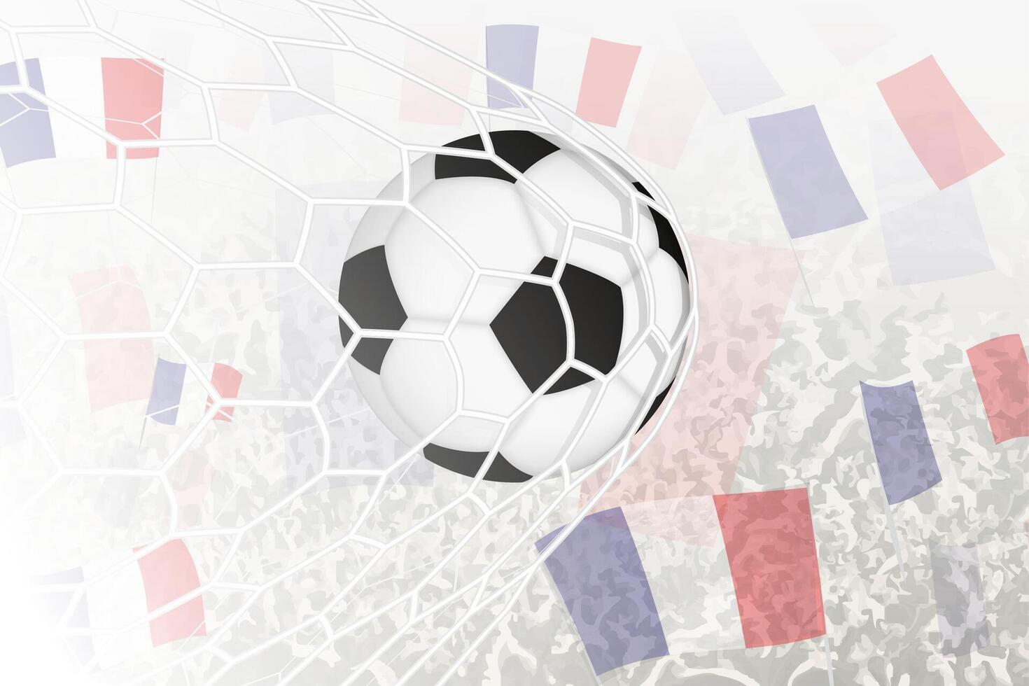 National Football team of France scored goal. Ball in goal net, while football supporters are waving the France flag in the background. vector
