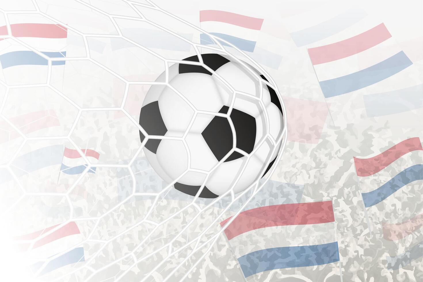 National Football team of Netherlands scored goal. Ball in goal net, while football supporters are waving the Netherlands flag in the background. vector