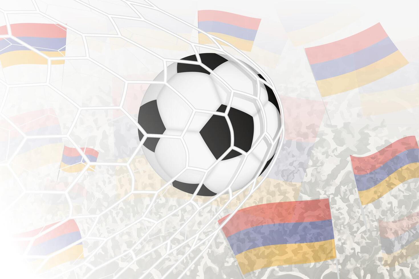 National Football team of Armenia scored goal. Ball in goal net, while football supporters are waving the Armenia flag in the background. vector