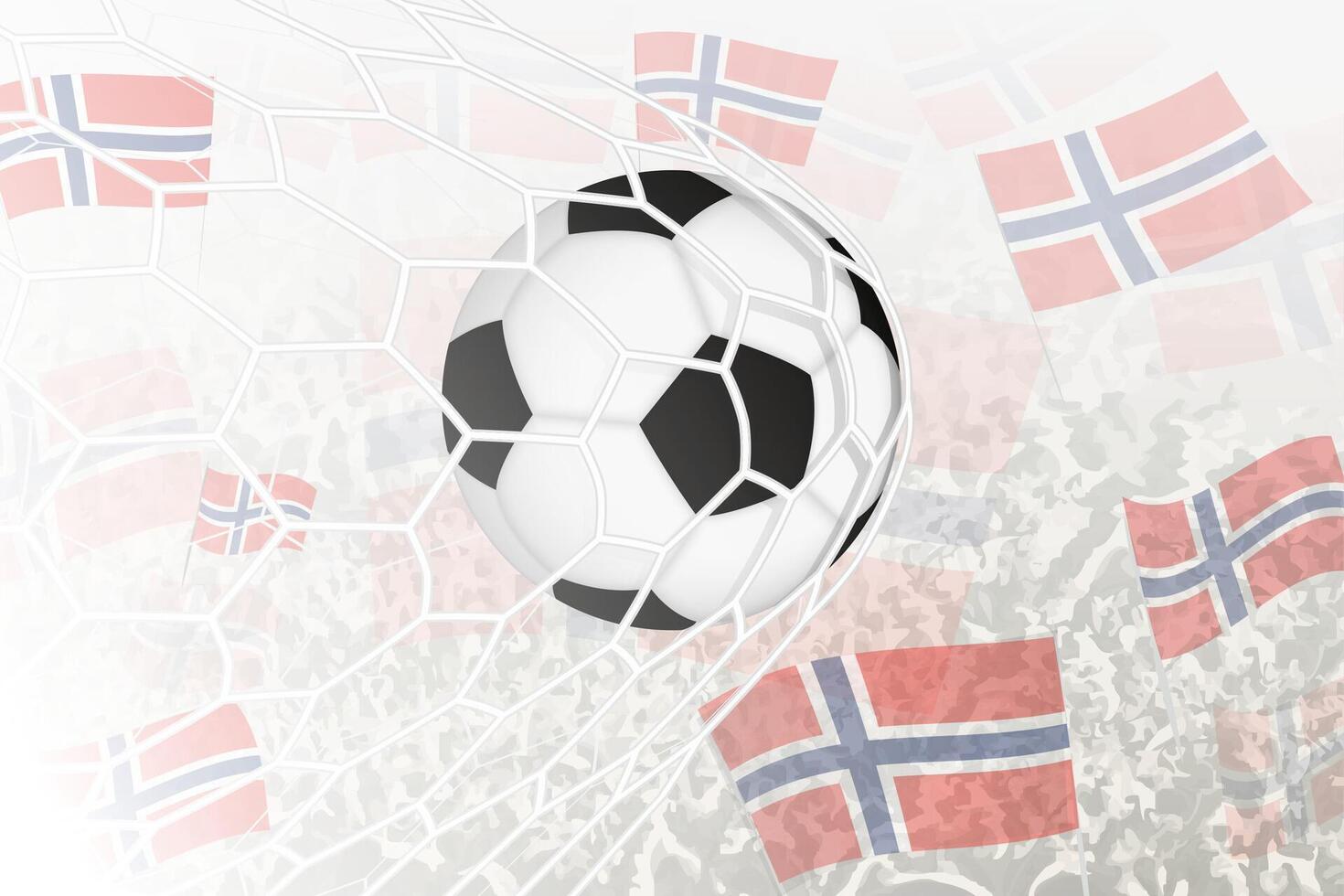 nacional fútbol americano equipo de Noruega anotado meta. pelota en objetivo neto, mientras fútbol americano partidarios son ondulación el Noruega bandera en el antecedentes. vector