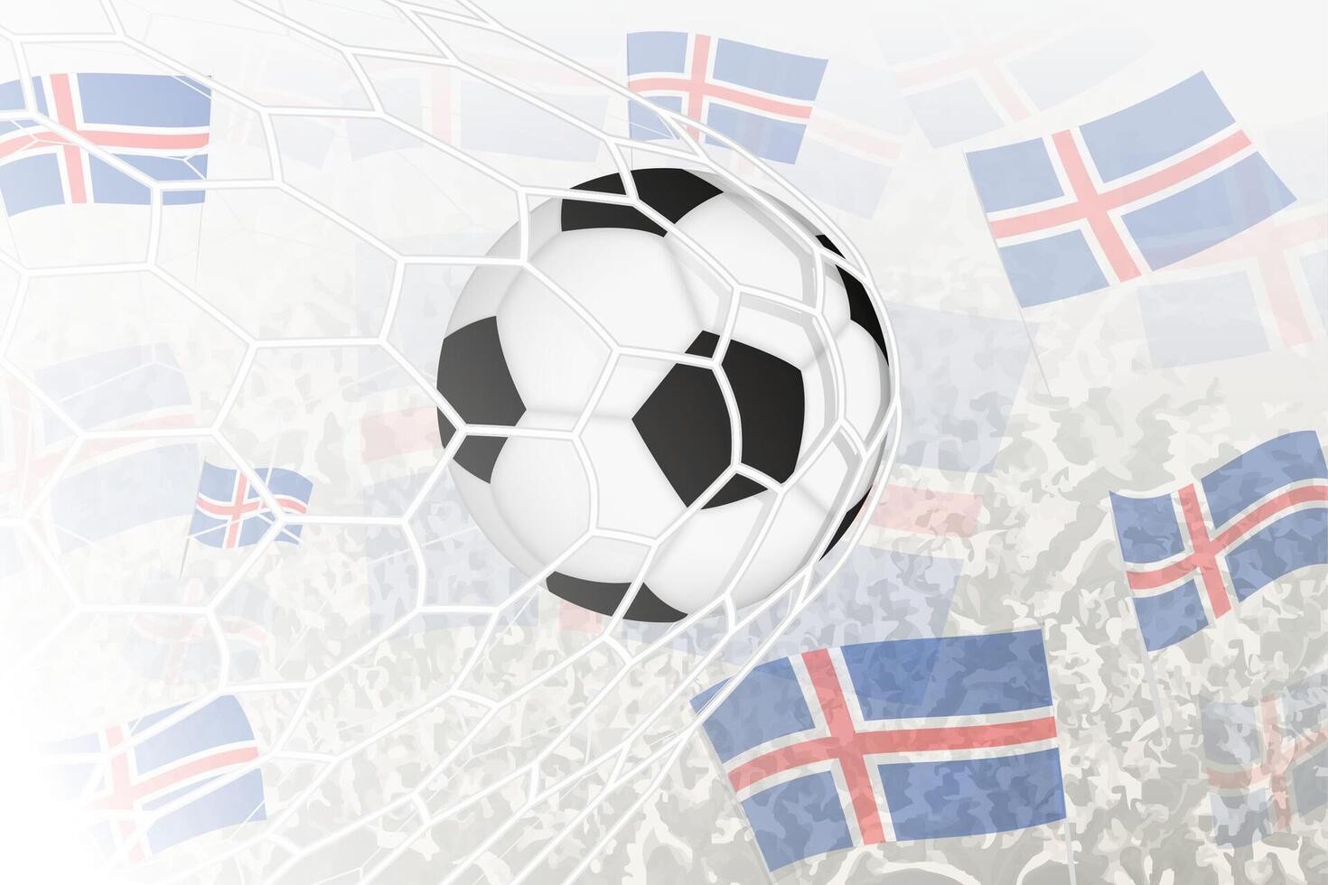 National Football team of Iceland scored goal. Ball in goal net, while football supporters are waving the Iceland flag in the background. vector