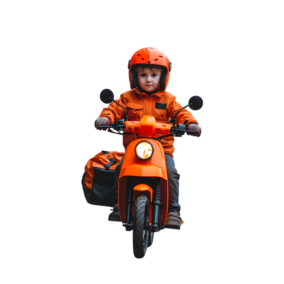 a little boy in an orange jacket riding a motorcycle png