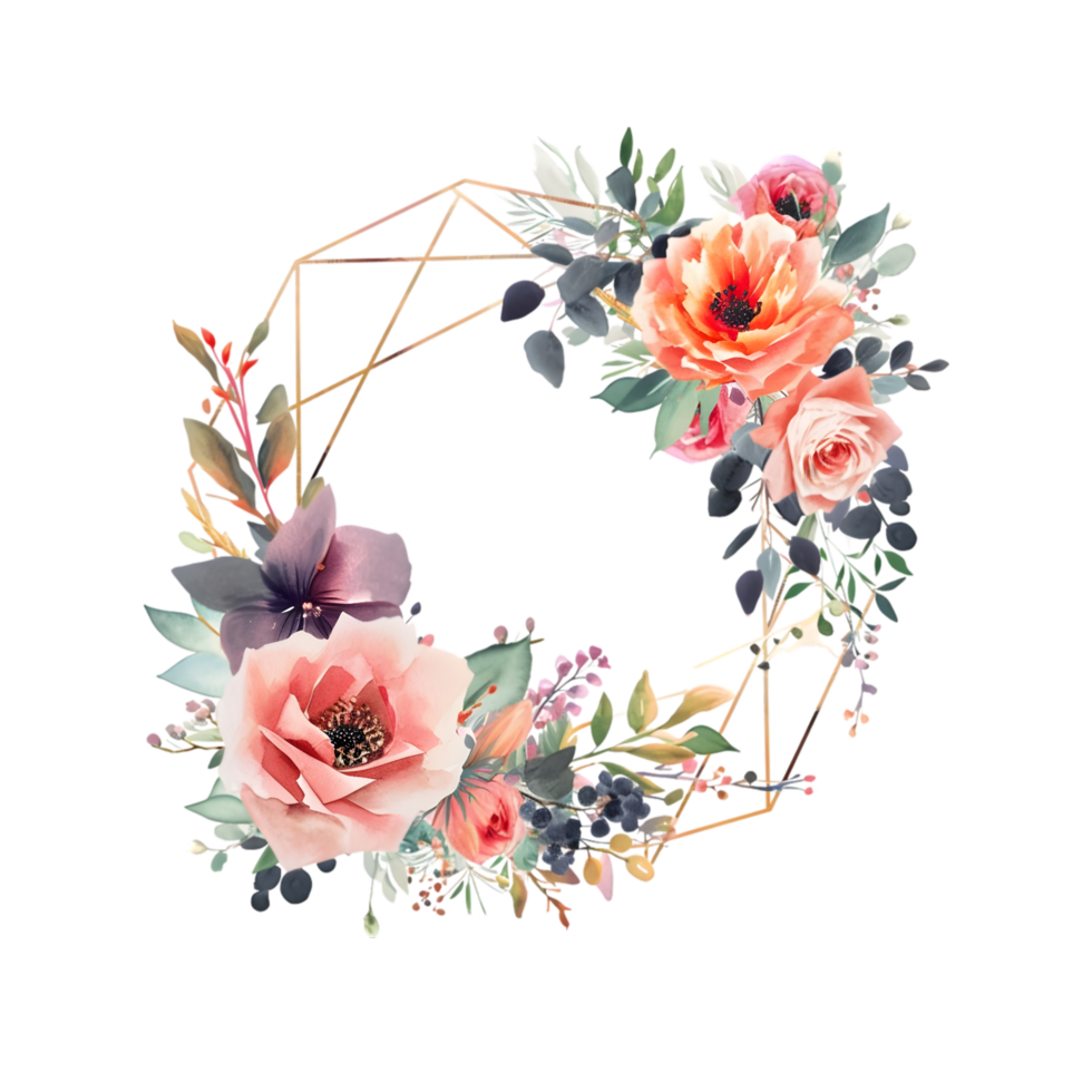 watercolor floral wreath with red flowers on transparent background png