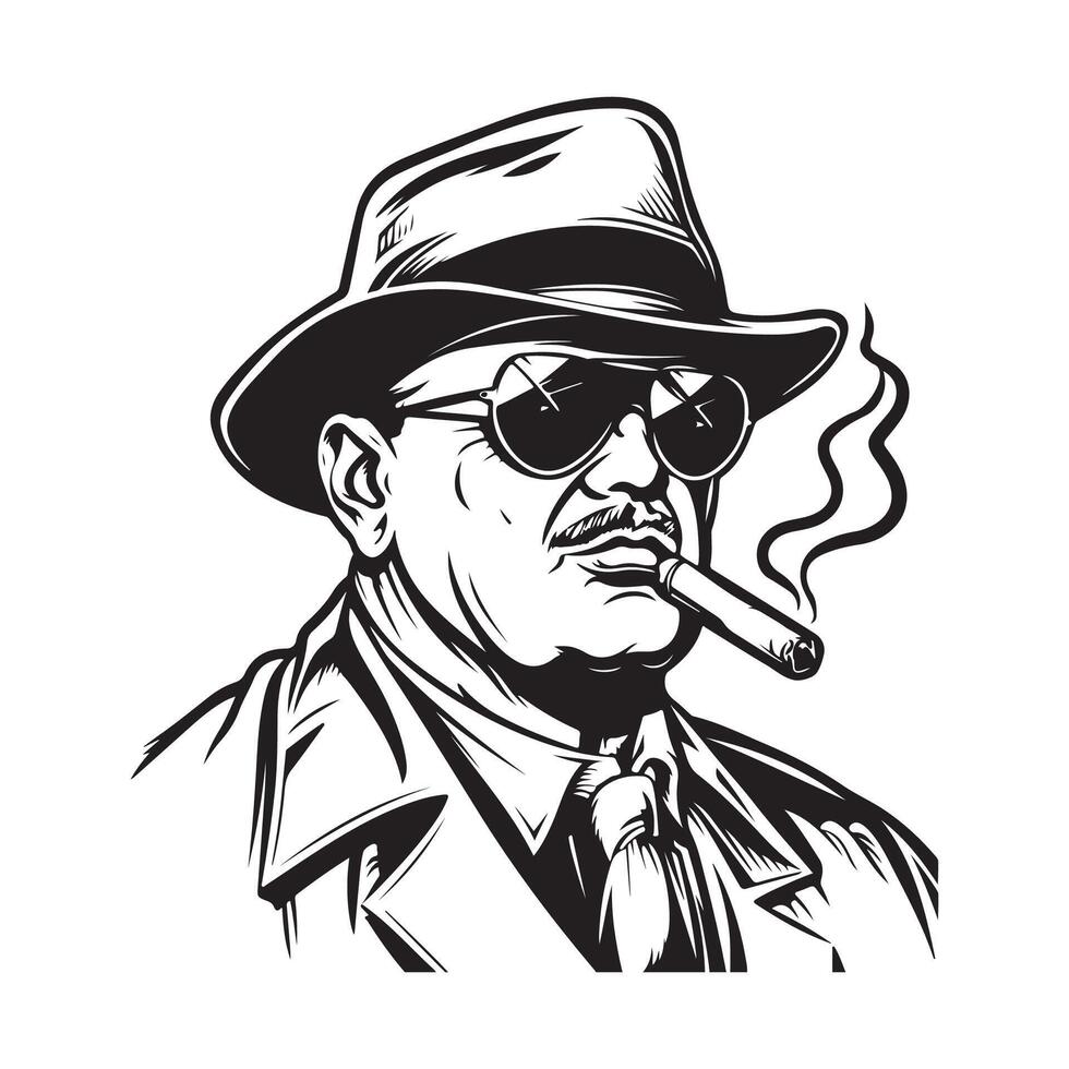 Mafia boss with a smoking cigar. Ink black and white drawing Stock image vector