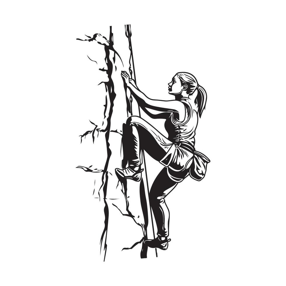 mujer alpinismo silueta, arte, iconos, y gráficos vector