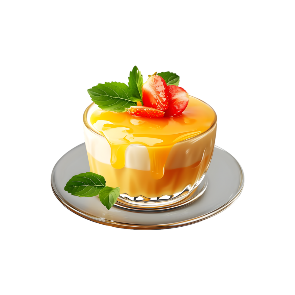 pudding with strawberry and mint on a plate png