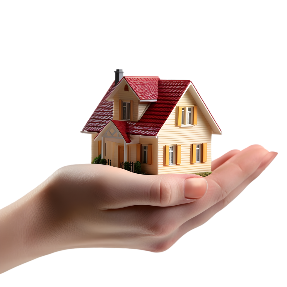 a hand holding a house model on a transparent background png