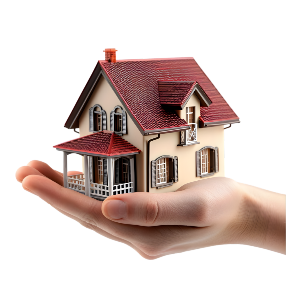 a hand holding a house model on a transparent background png