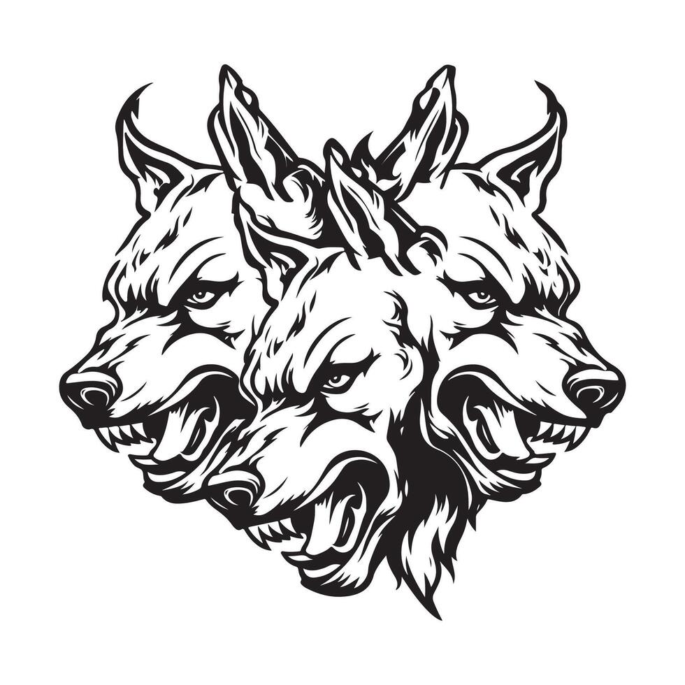 Cerberus Wolf Drawing Black And White Isolated on White Background vector