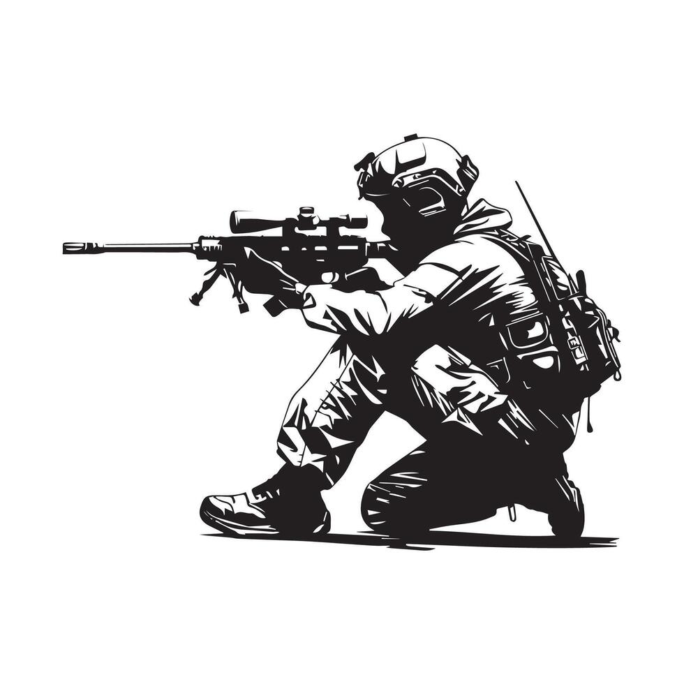 Silhouette sniper aiming at target on White Background vector