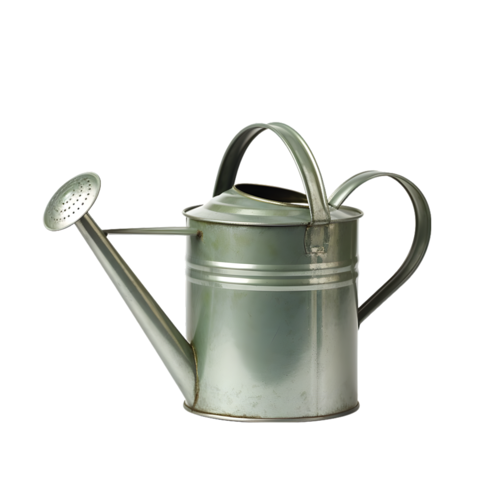 a metal watering can on a transparent background png