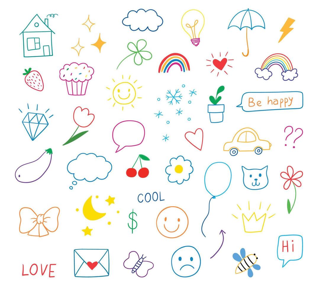 A set of doodle illustrations. Hand drawn colored set of simple decorative elements. vector