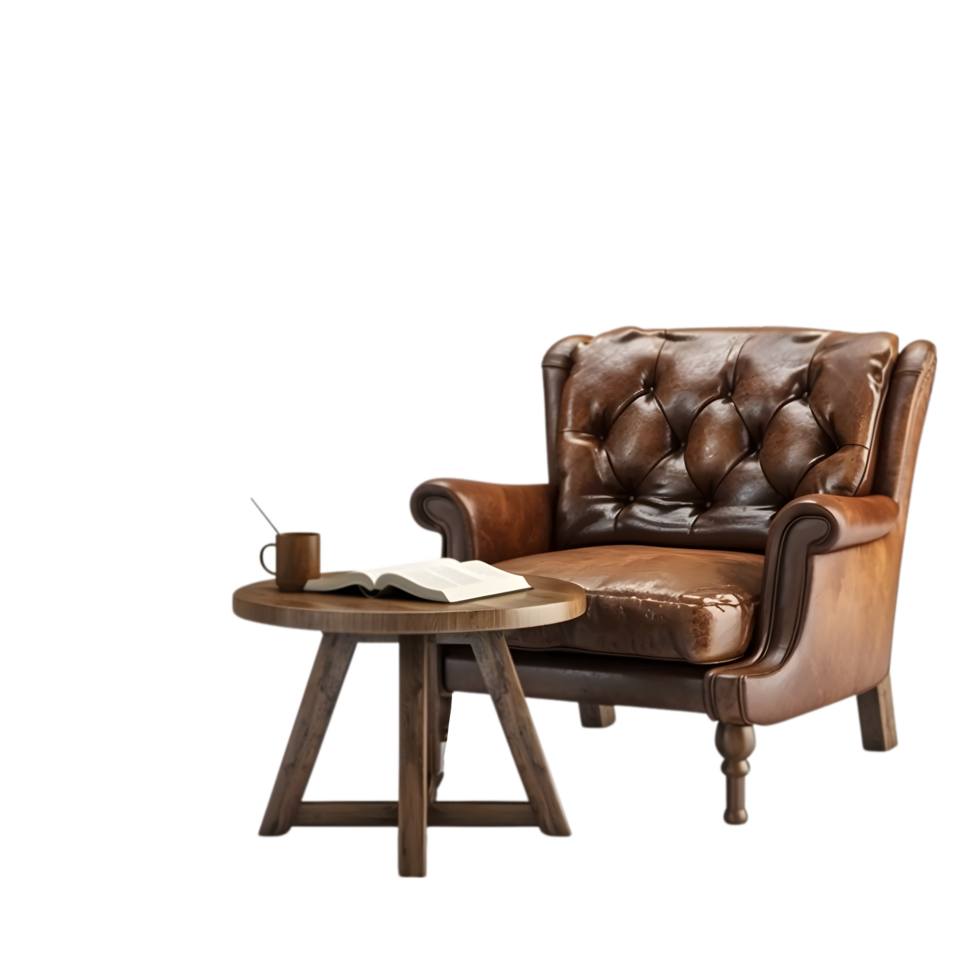 a brown leather chair and table on a transparent background png