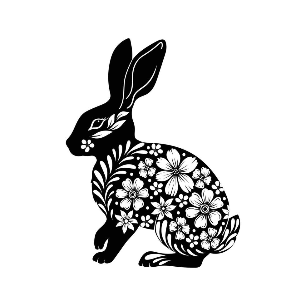 silueta de un Conejo con floral ornamento, negro y blanco ilustración, elemento para Pascua de Resurrección tarjeta vector