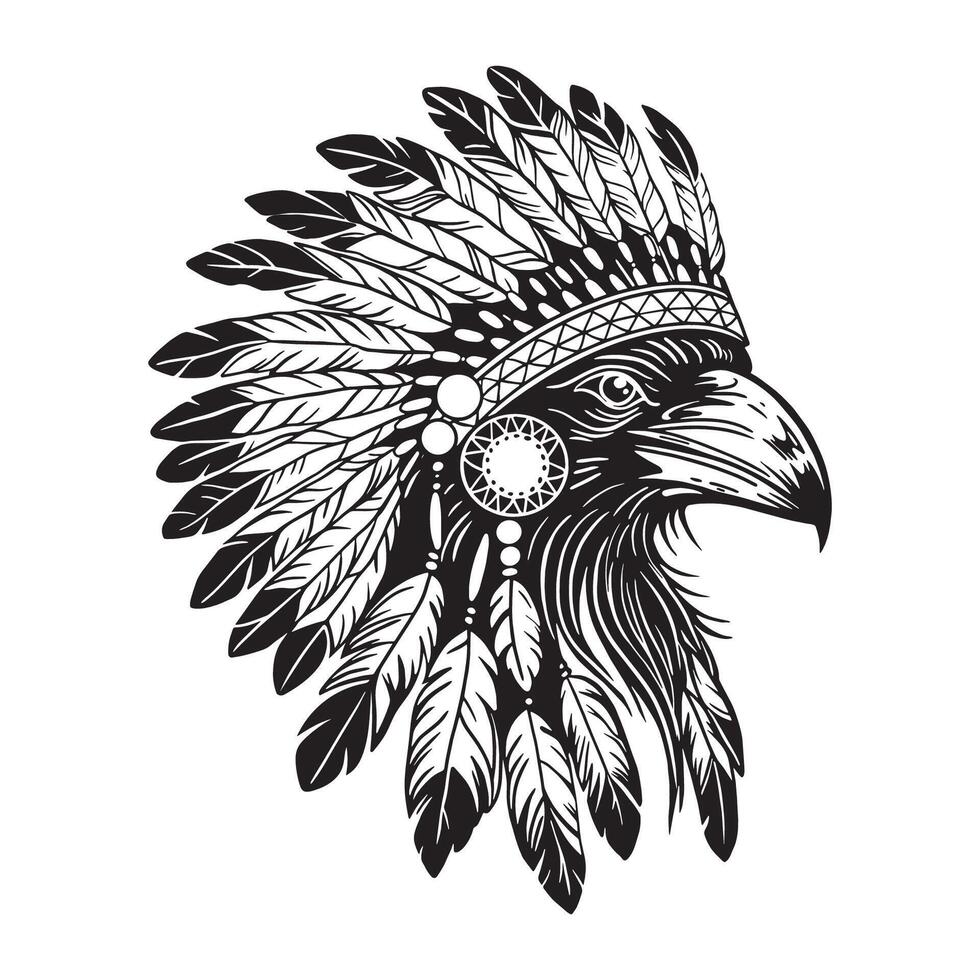 raven head wearing traditional Indian feather headdress, black and white illustration, vector