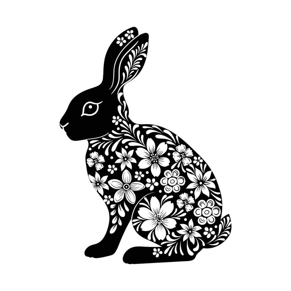 Easter bunny with floral pattern. Monochrome cute decorated rabbit vector