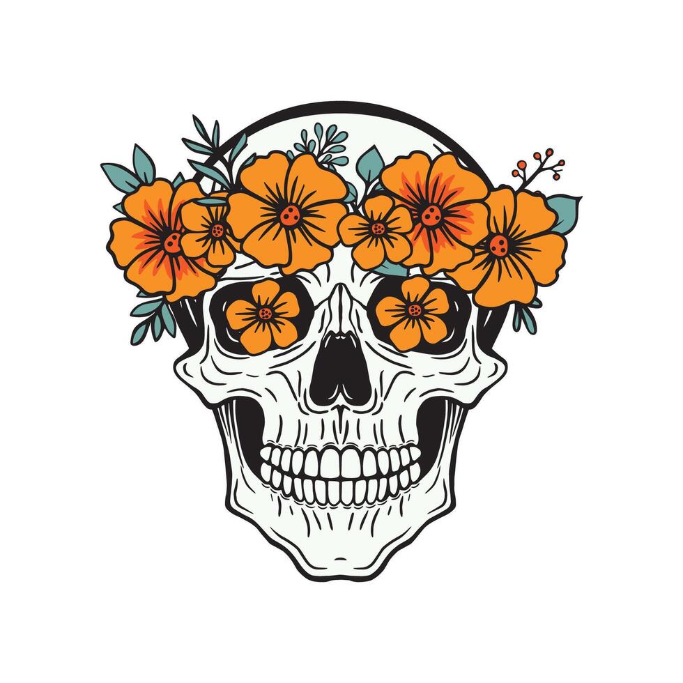 negro y blanco cráneo con floral guirnalda con naranja flores, mano dibujado ilustración vector