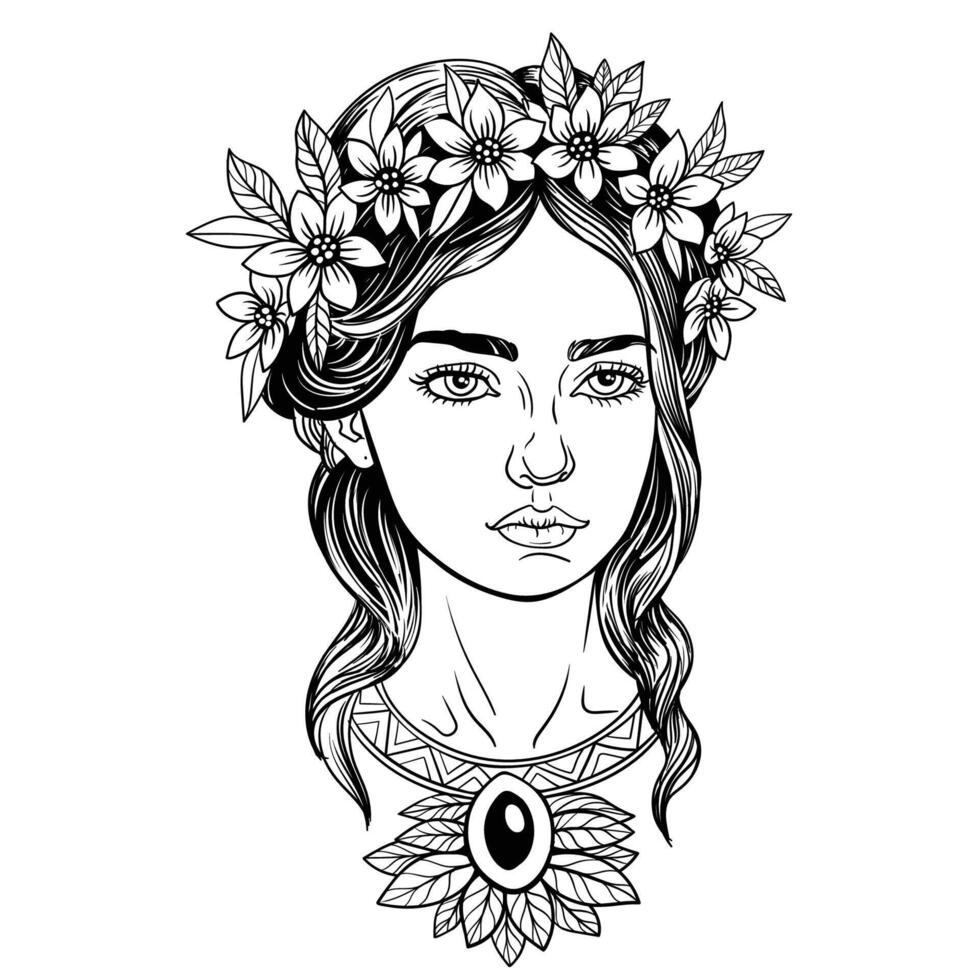 fashion illustration of girl in flower wreath, hand drawn black and white drawing, coloring page vector