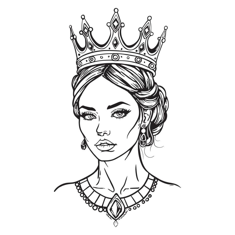 de moda ilustración de un niña en un corona, contorno negro y blanco dibujo, colorante página vector
