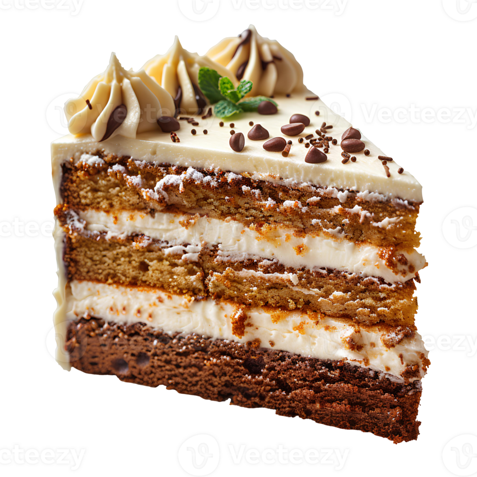 Piece of vanilla cake . Slice of cake isolated. Vanilla cake with frosting . Sponge cake png