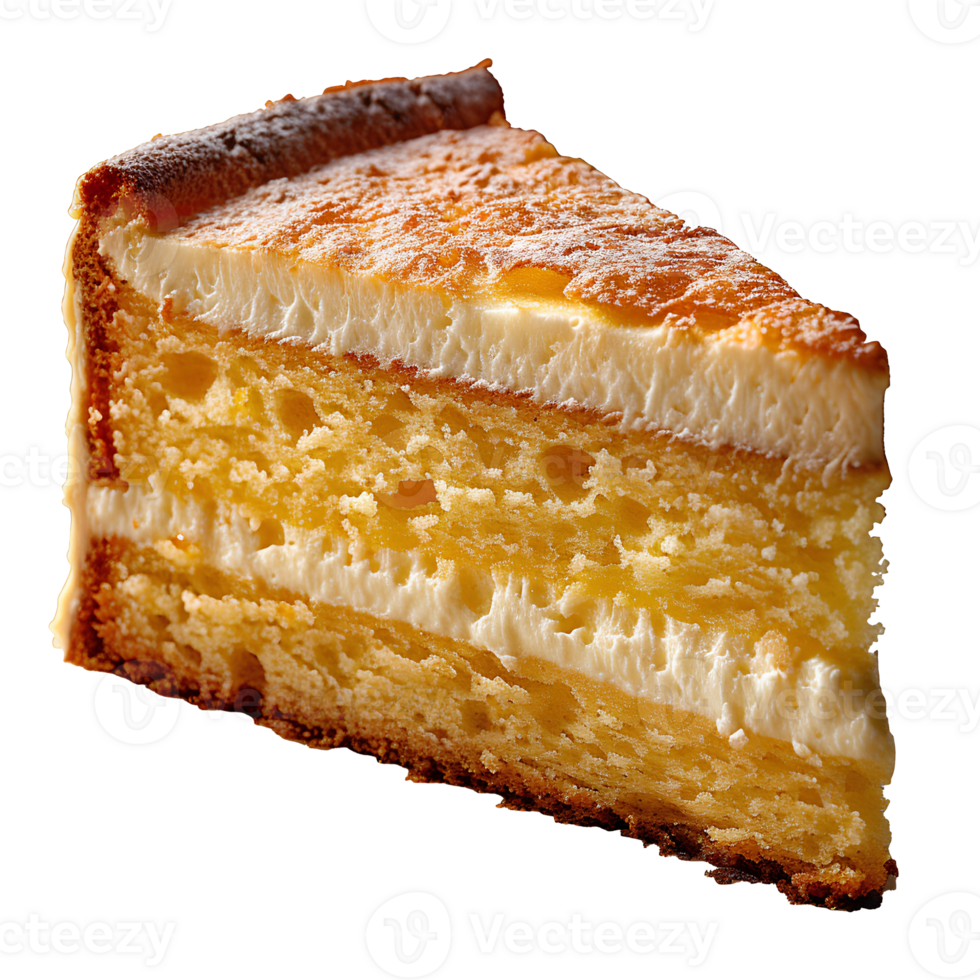 Piece of vanilla cake . Slice of cake isolated. Vanilla cake with frosting . Sponge cake png