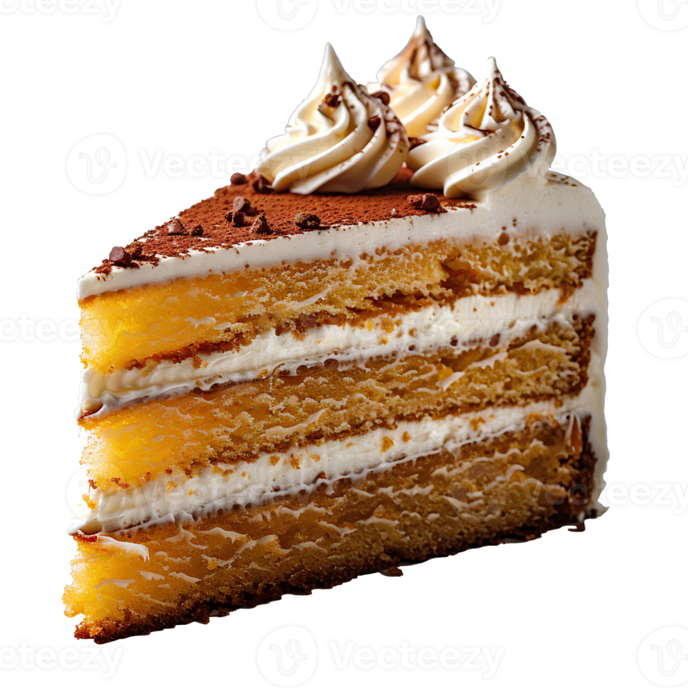 Piece of vanilla cake . Slice of cake isolated. Vanilla cake with frosting . Sponge cake png
