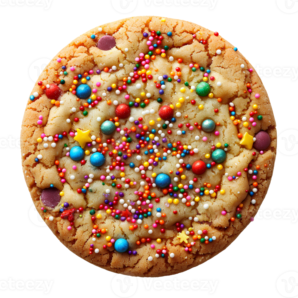 Vanilla sprinkle cookie isolated. Cookie with colorful sprinkles on top flat lay isolated. Biscuit with sprinkles top view isolated png
