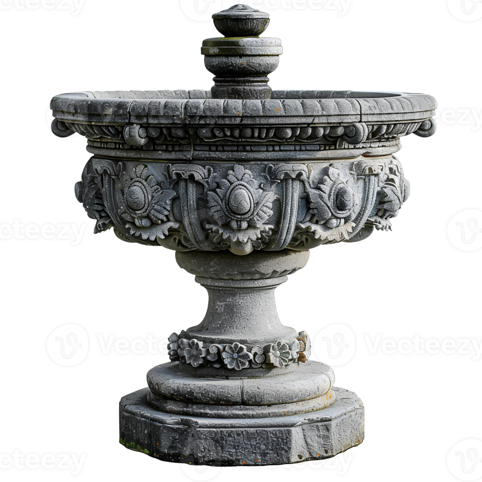 Old stone fountain . Ancient Greek inspired fountain . Abstract intricately designed stone fountain isolated png
