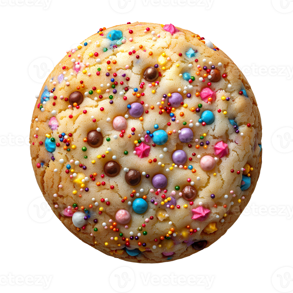 Vanilla sprinkle cookie isolated. Cookie with colorful sprinkles on top flat lay isolated. Biscuit with sprinkles top view isolated png