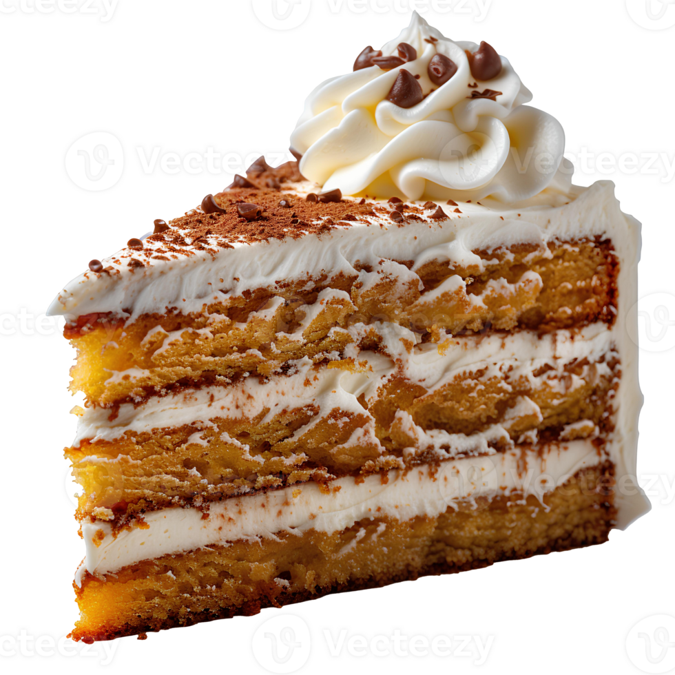 Piece of vanilla cake . Slice of cake isolated. Vanilla cake with frosting . Sponge cake png