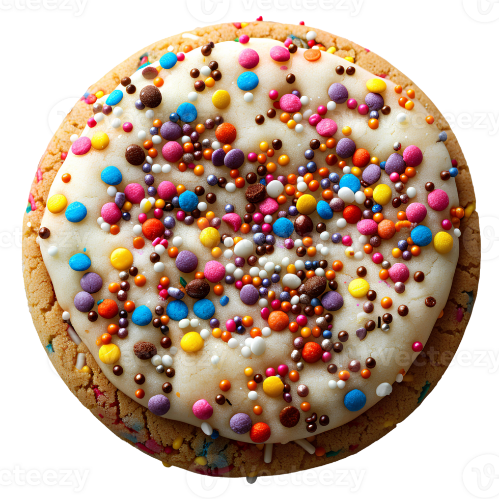 Vanilla sprinkle cookie isolated. Cookie with colorful sprinkles on top flat lay isolated. Biscuit with sprinkles top view isolated png