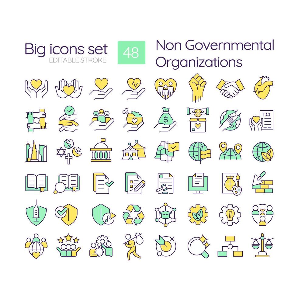 Non governmental organization RGB color icons set. Human rights. Nonprofits. Community service. Isolated illustrations. Simple filled line drawings collection. Editable stroke vector