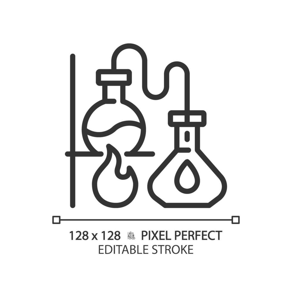 Distillation linear icon. Chemistry lab. Boiling flask. Chemical experiment. Separation process. Thin line illustration. Contour symbol. outline drawing. Editable stroke. Pixel perfect vector