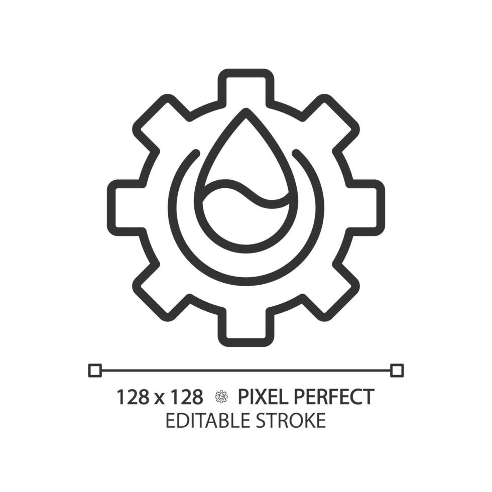 Water industry linear icon. Water management. Public utilities. Clean water solutions. Droplet and gear. Thin line illustration. Contour symbol. outline drawing. Editable stroke. Pixel perfect vector