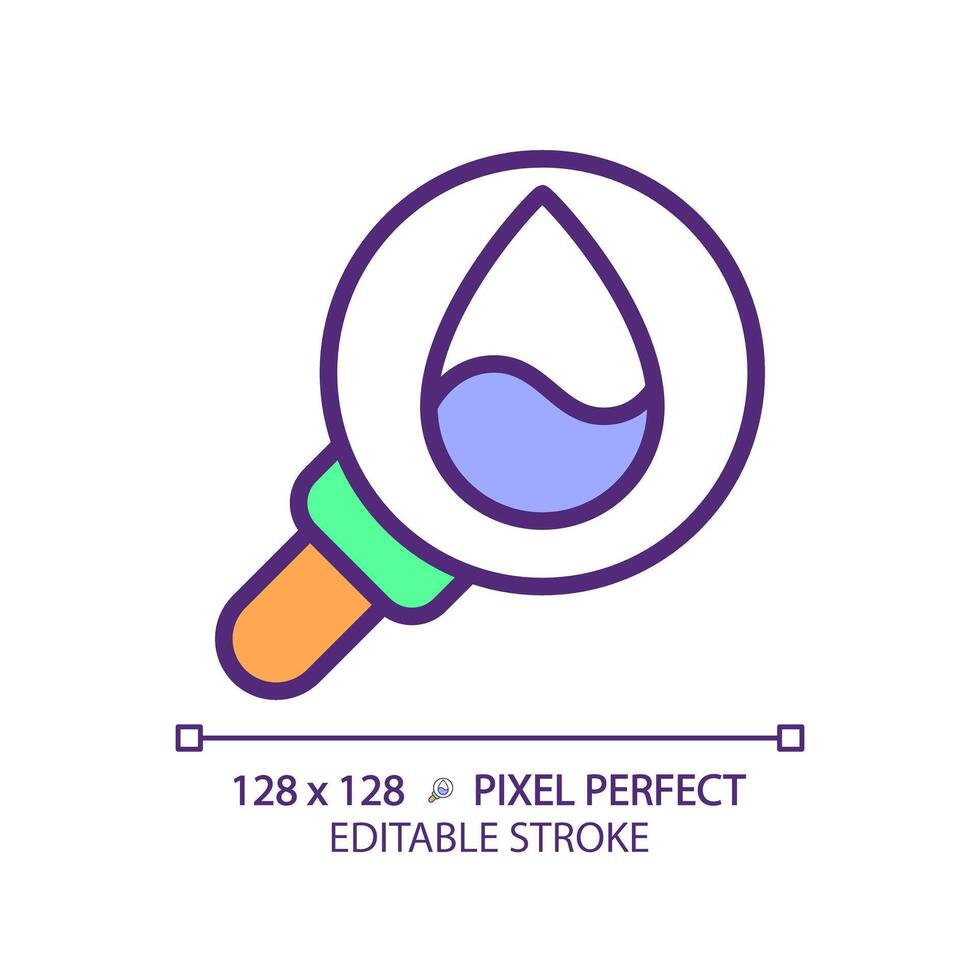 Water quality RGB color icon. Water droplet and magnifying glass. Clean water for drinking. Isolated illustration. Simple filled line drawing. Editable stroke. Pixel perfect vector