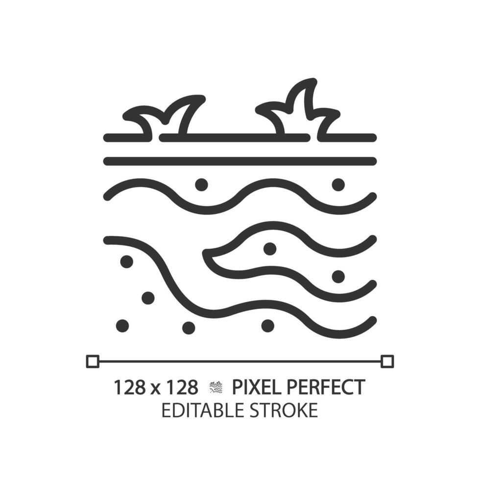Groundwater linear icon. Subsurface water. Natural resource. Soil layers. Hydrology study. Thin line illustration. Contour symbol. outline drawing. Editable stroke. Pixel perfect vector