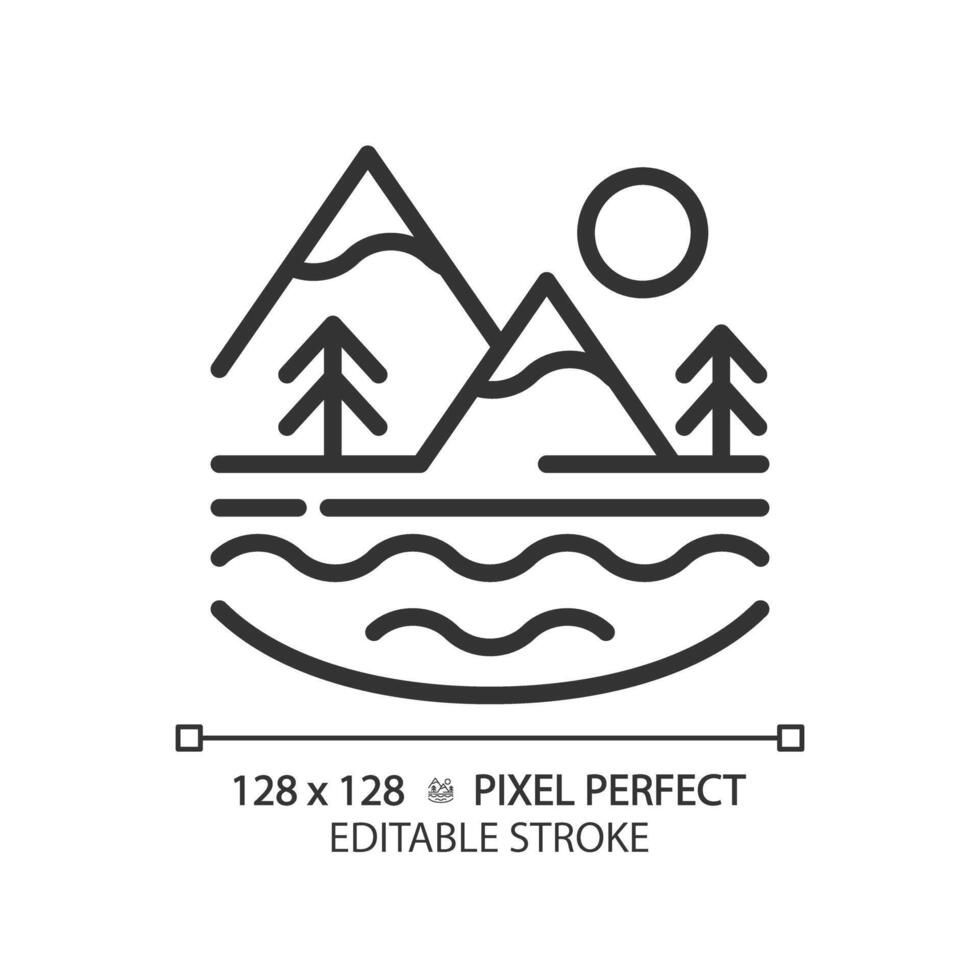 Surface water linear icon. Water body. Mountain landscape with lake. Outdoor scenery. Natural resources. Thin line illustration. Contour symbol. outline drawing. Editable stroke. Pixel perfect vector